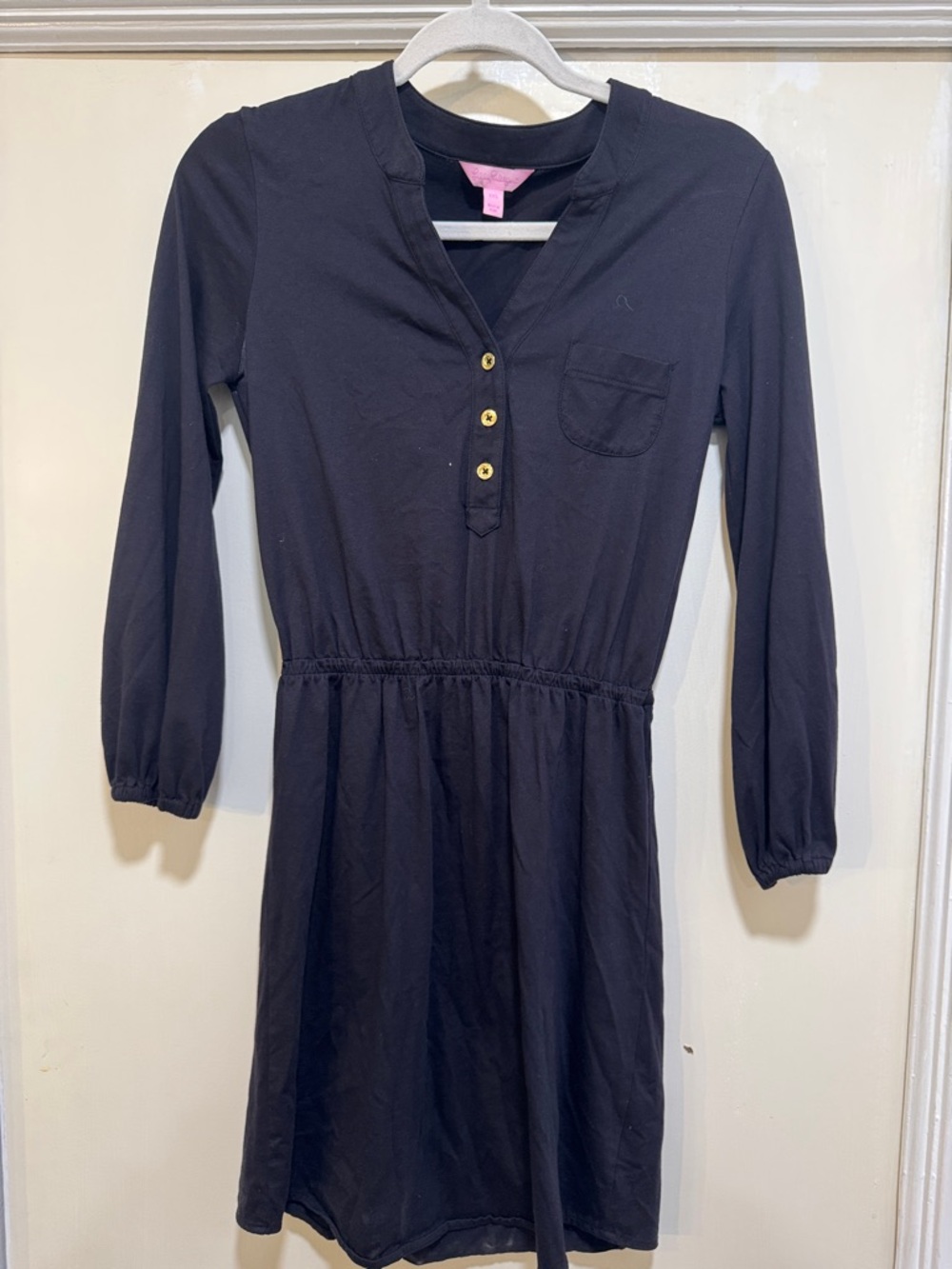 Lilly Pulitzer Navy Long-Sleeve Henley Dress with Gold Buttons